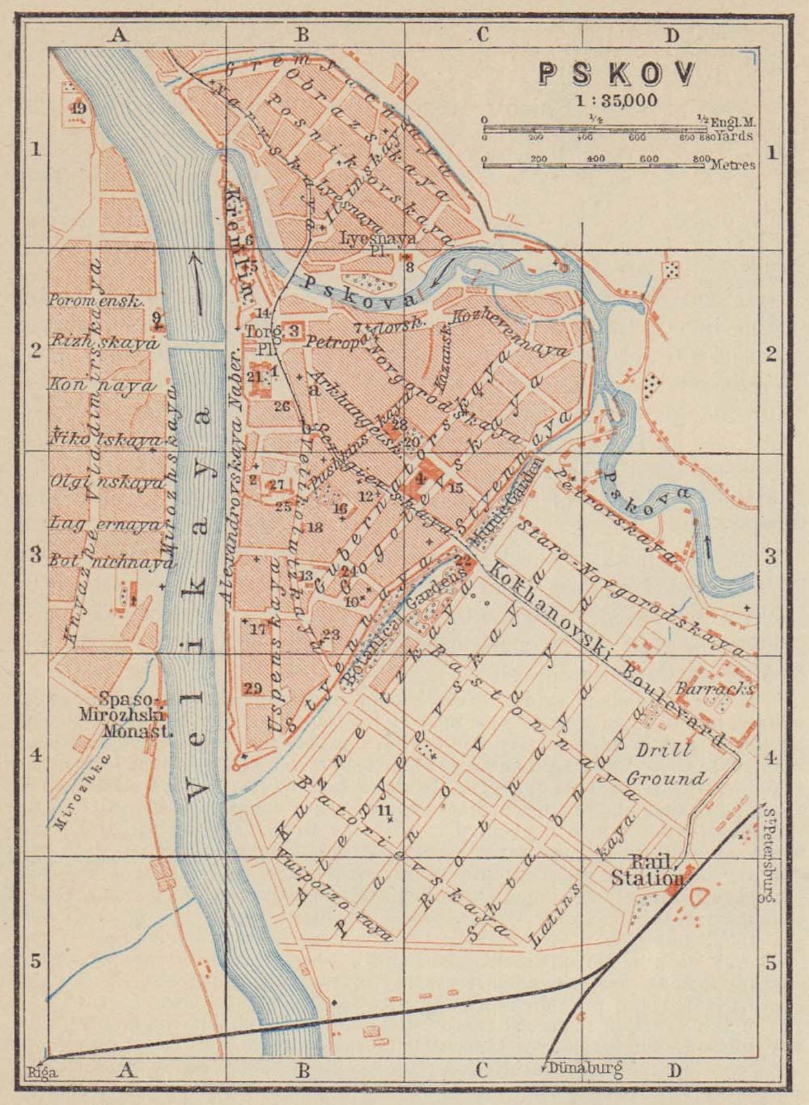 Pskov town/city plan. Russia. Pleskau Pskow. BAEDEKER 1914 old antique map
